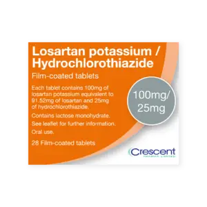 Losartan Potassium HCTZ 100mg/25mg Film-coated Tablets, Crescent Pharmaceuticals, Crescent Pharma, Crescent Medical UK, Crescent Manufacturing, Crescent R&D, Thorpe Laboratoires, Andover Warehouse, Barnsley Warehouse, M&A Pharma, M&A Pharmachem, Archimedis, Uk Generic Medicine, Uk Pharmaceuticals