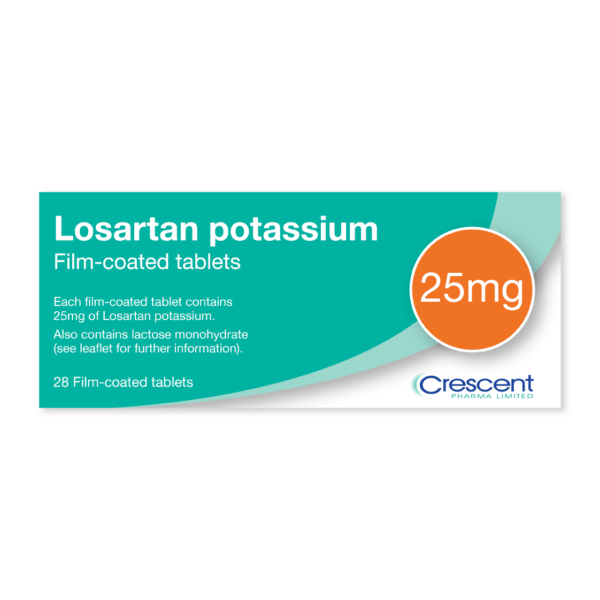 Losartan Potassium 25mg Film-coated Tablets, Crescent Pharmaceuticals, Crescent Pharma, Crescent Medical UK, Crescent Manufacturing, Crescent R&D, Thorpe Laboratoires, Andover Warehouse, Barnsley Warehouse, M&A Pharma, M&A Pharmachem, Archimedis, Uk Generic Medicine, Uk Pharmaceuticals